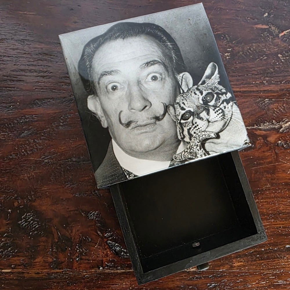 Salvador Dali and Ocelot Trinket Box Black Single Drawer Mexico Handcrafted